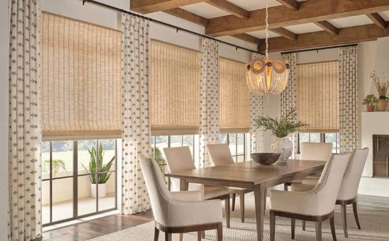 naturally woven shades with exposed beam in modern farmhouse dining room